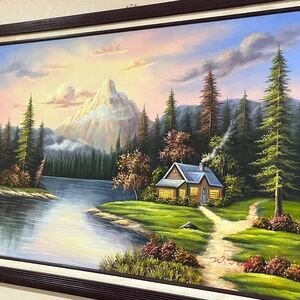 LG 41x30 Painting Framed Oil On Canvas log Cabin Mountains Lake  W. Jenkins art
